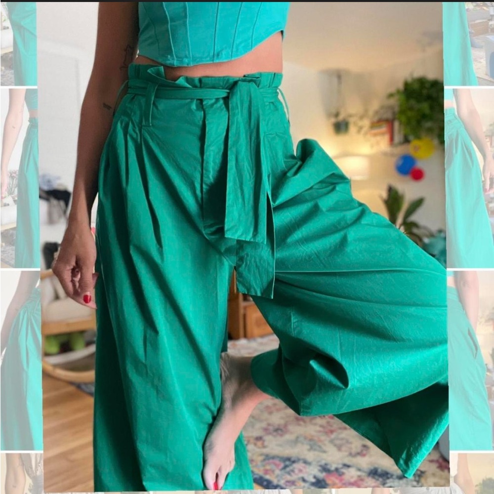 Zara Teal Wide-Leg Pants with Tie Waist